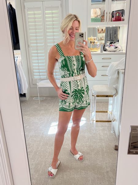 Farm Rio print romper. The length of shorts is nice / especially for a tropical family vacation! Paired with one buckle white Birkenstocks, and a white belt. Summer outfit look! I’m 5’6, 135 pounds and wearing a Medium  
#LTKshoecrush #LTKtravel #LTKover40