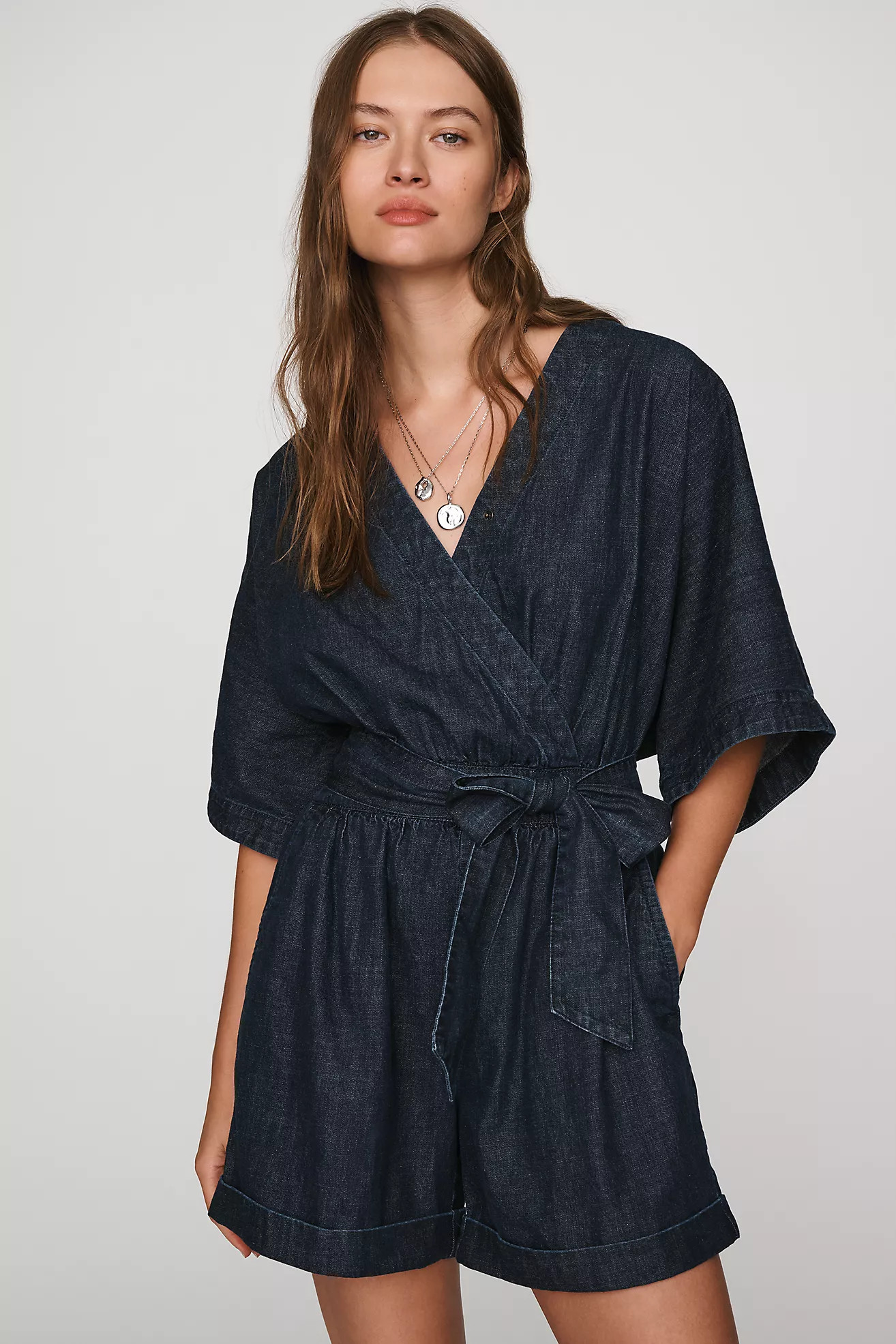 Pilcro 100% Cotton Wrap-Tie Denim Romper | Anthropologie (US)