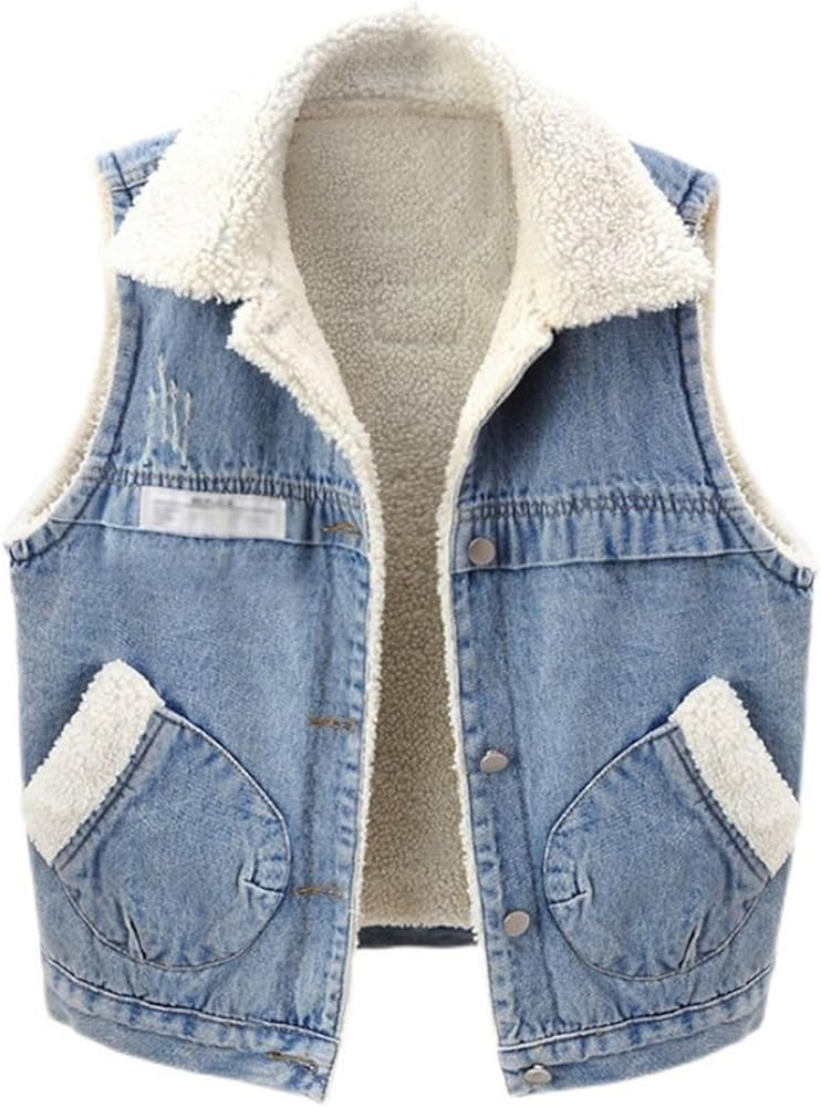 Women Fleece Sherpa Lined Denim Vest Sleeveless Lamb Wool Warm Jean Jacket with Pockets Retro But... | Amazon (US)