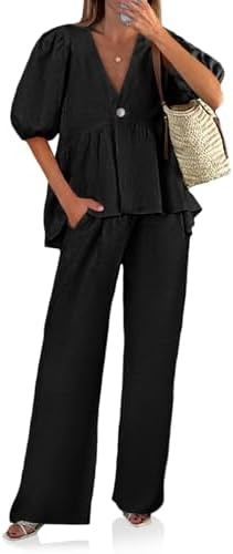 Tankaneo Womens 2 Piece Linen Sets Summer Vacation Outfits V Neck Puff Sleeve Babydoll Tops Wide ... | Amazon (US)