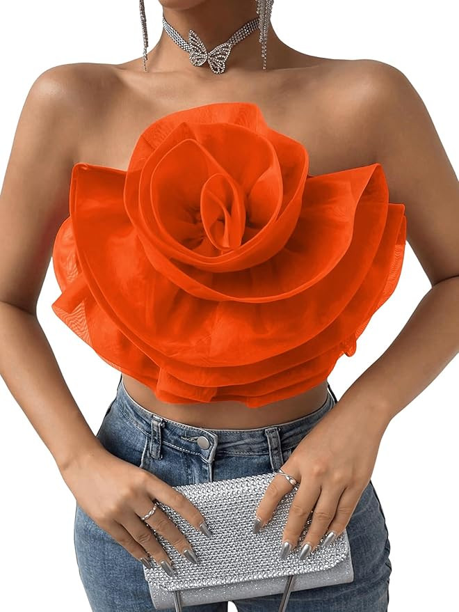 GORGLITTER Women's Flower Front Crop Tube Top Sleeveless Strapless Solid Shirred Tops | Amazon (US)