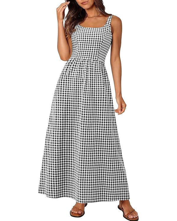 PRETTYGARDEN Women's 2025 Summer Spaghetti Strap Maxi Dresses Plaid Square Neck A Line Casual Bea... | Amazon (US)