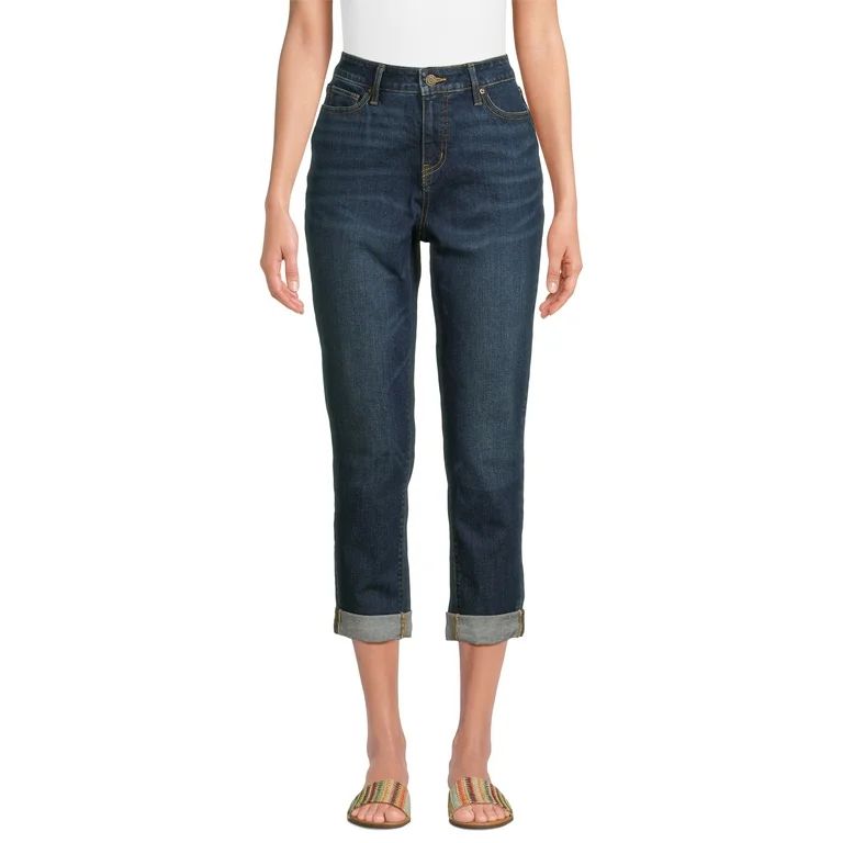 Time and Tru Women's Mid Rise Cropped Boyfriend Jeans with Rolled Cuffs, 26” Inseam, Sizes 2-20 | Walmart (US)