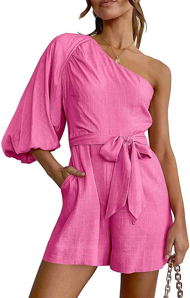 ANRABESS Women's Summer Romper 2023 One Shoulder 3/4 Puff Sleeve Tie Waist Casual Solid Jumpsuit ... | Amazon (US)