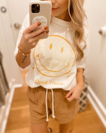 oversized tee, smiley tee, smiley face t-shirt, spring graphic tees, loungewear, lounge shorts, cool mom style

#LTKstyletip #LTKunder50 #LTKFind