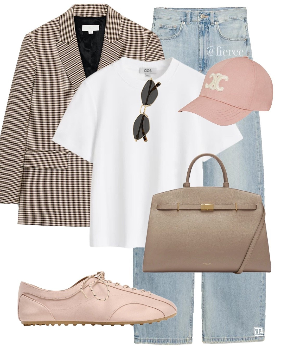 Check blazer blue jeans white tshirt pink hat pink sneakers taupe beige bag weekend look casual outfit 

#LTKuk #LTKeurope #LTKspring