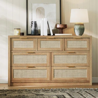 Rattan 7 Drawers Dresser for Bedroom with Golden Handles, Wood Drawers Storage Organizer, TV Stand for Living Room | Wayfair North America