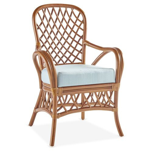 Antigua Rattan Dining Armchair - Natural/Blue - South Sea Rattan | Lounge Chair, Easy Chair - Comfortable, Sturdy, Durable | One Kings Lane