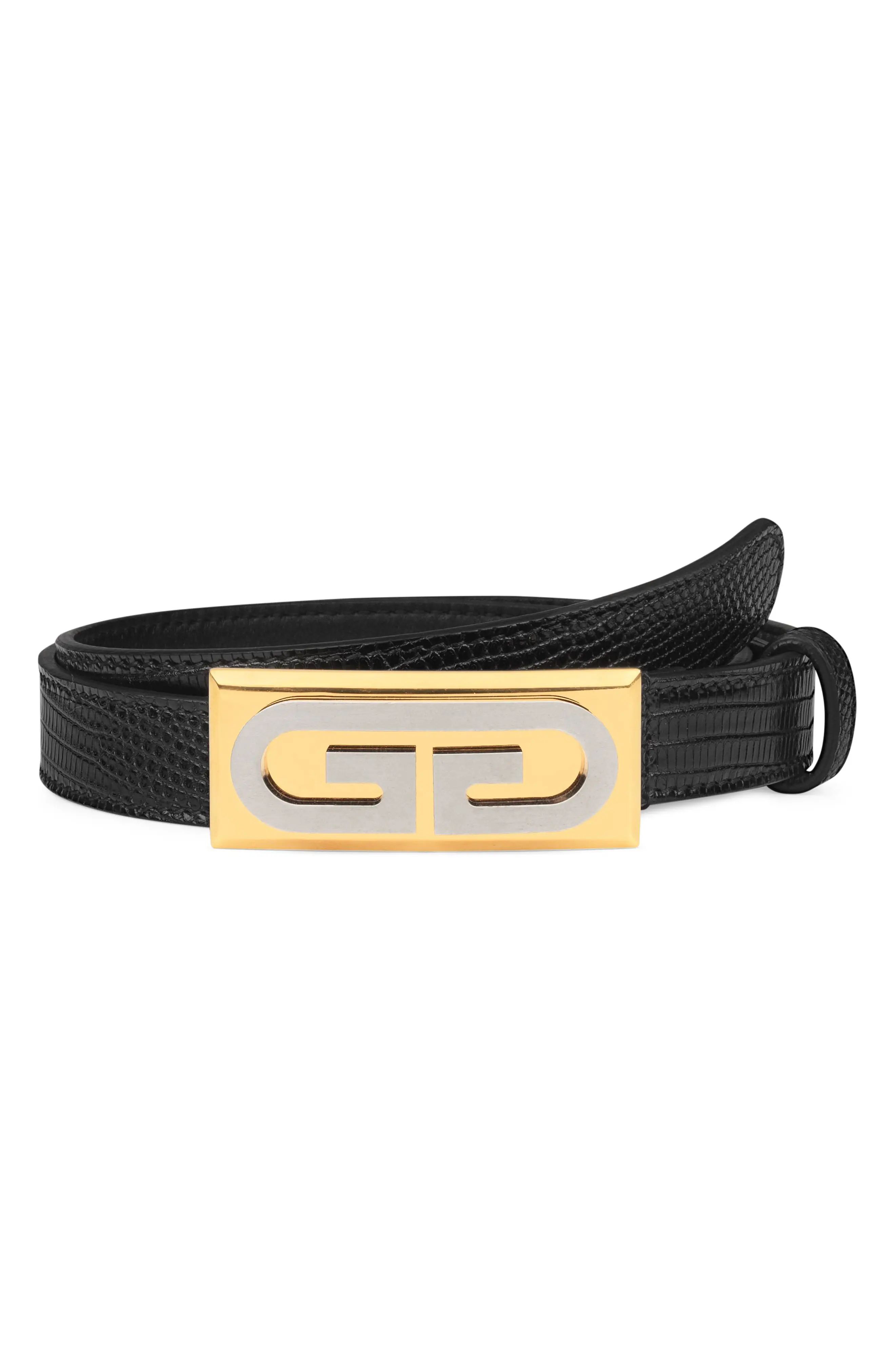 Women's Gucci G-Plaque Genuine Lizardskin Skinny Belt, Size 80 - Nero | Nordstrom