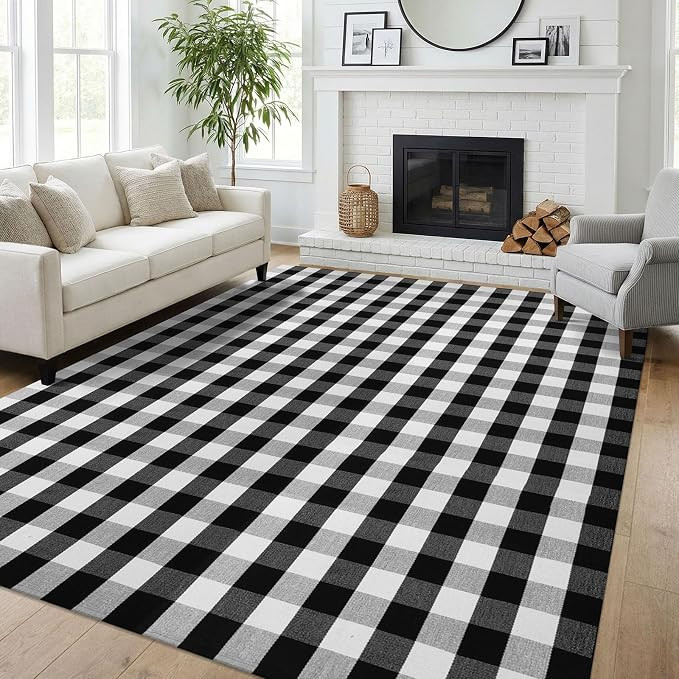 Rug for Living Room Buffalo Plaid Checkered Rug 7.5x10 Area Rugs Black and White Low Pile Cotton ... | Amazon (US)