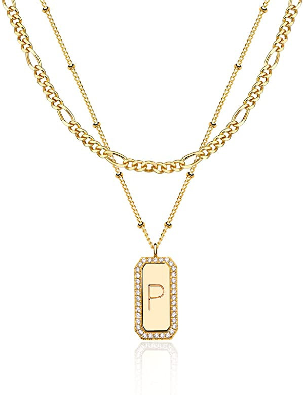 TONTMY STUDIOS Necklace for Women Gold Figaro Chain Choker Layered Set Initial Bar Rectangle Pend... | Amazon (US)