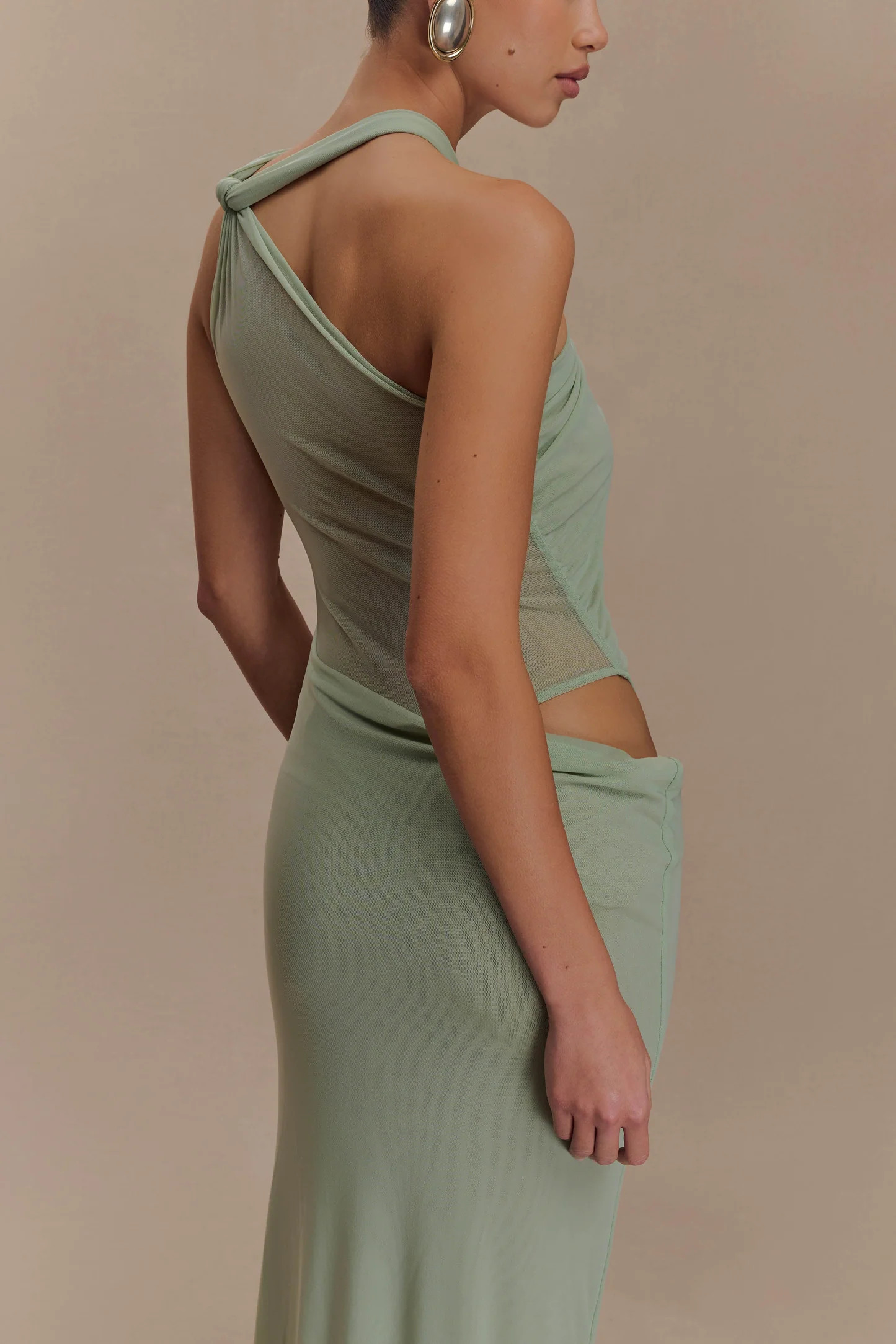 Knotted Mesh Maxi Dress - Sage | MESHKI US
