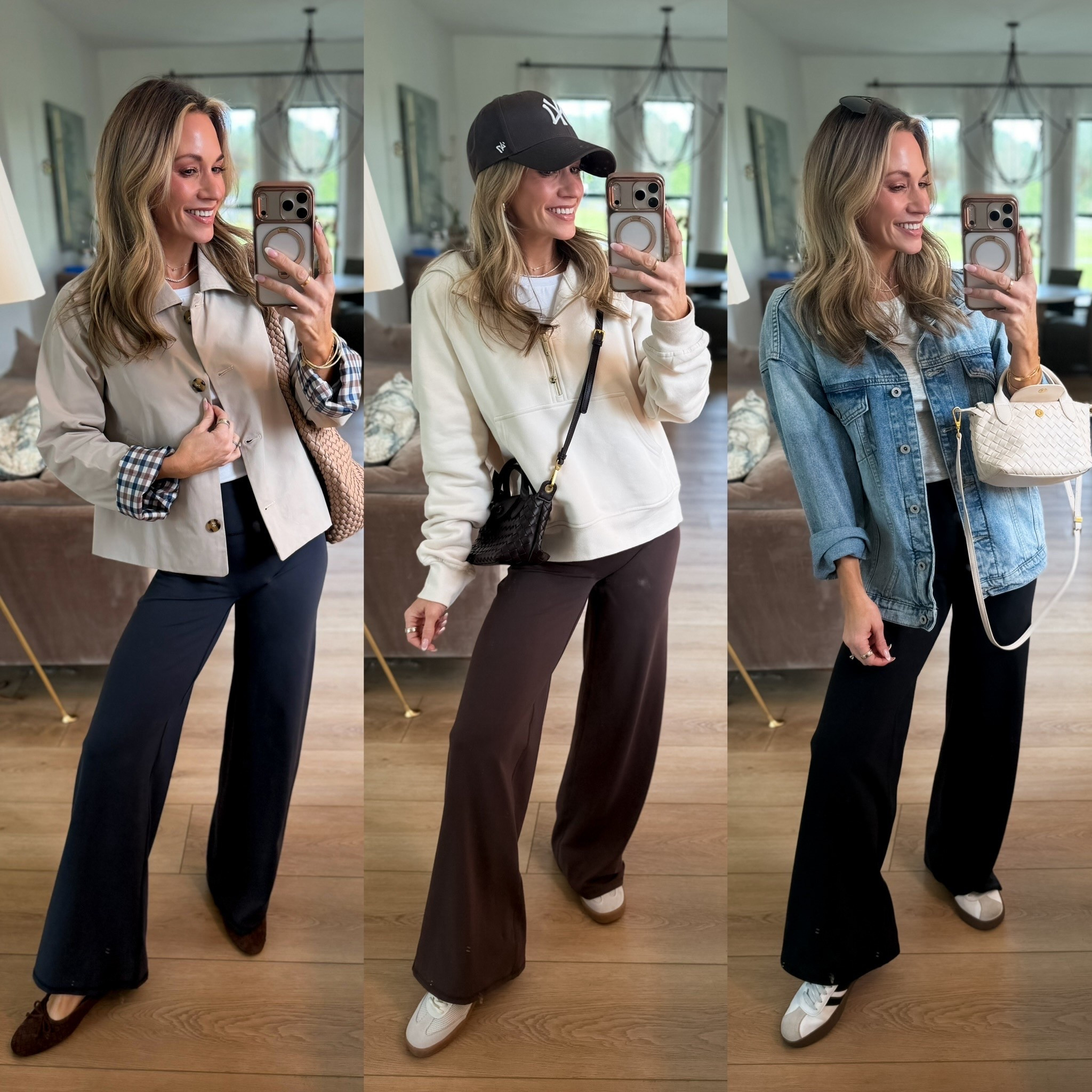 My all time favorite no front seam leggings now come in wide leg pants! 🙌 These are so comfy + cute and I love that you can style them multiple ways! They also come in two length options! 
I am 5’2 and wearing the xsmall and the regular length!