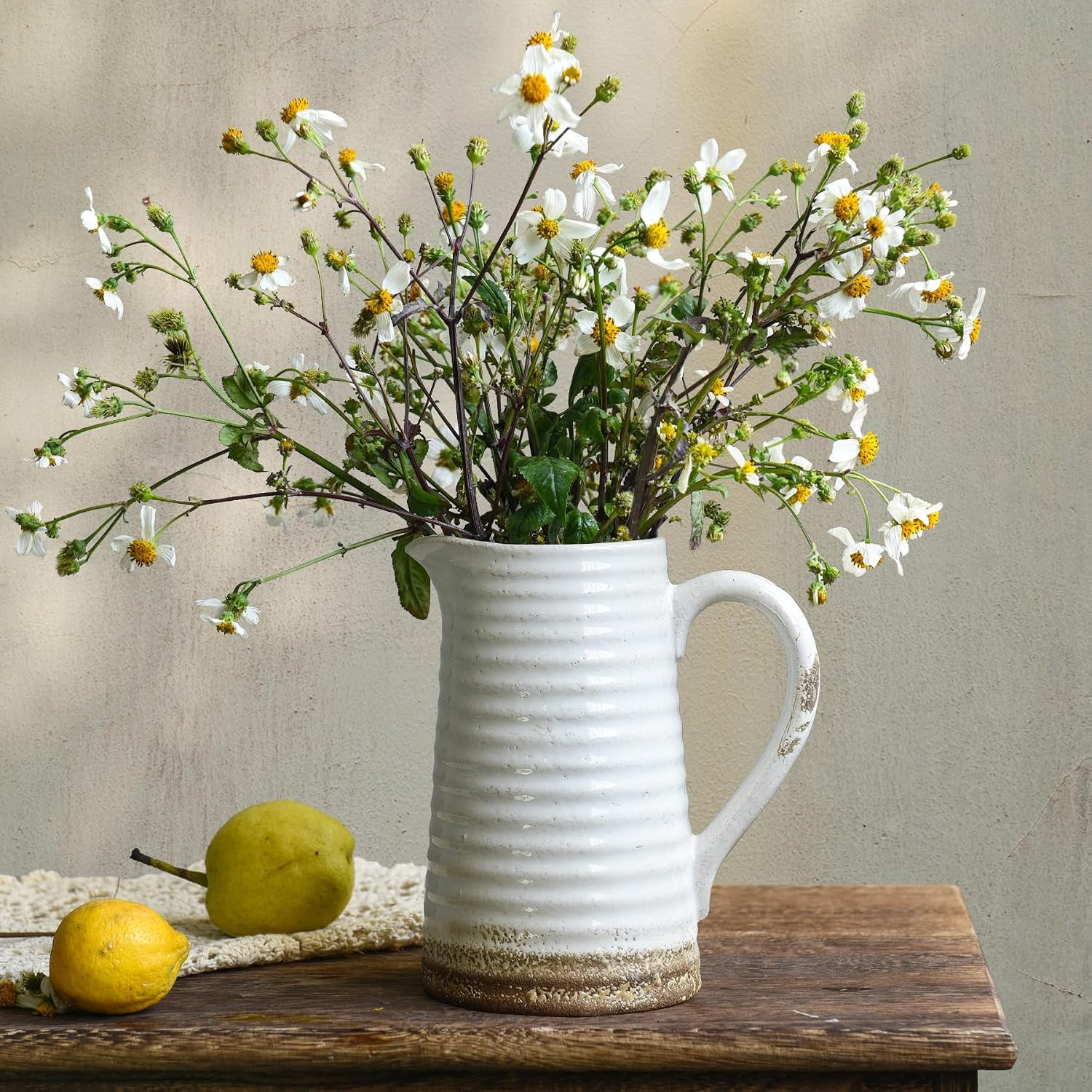 Ceramic Rustic Vase with Handle, White Distressed Decorative Farmhouse Pitcher Vase for Home Decor Living Room Bedroom Kitchen Office Shelf Decor Centerpiece Table Decoration | Amazon (US)