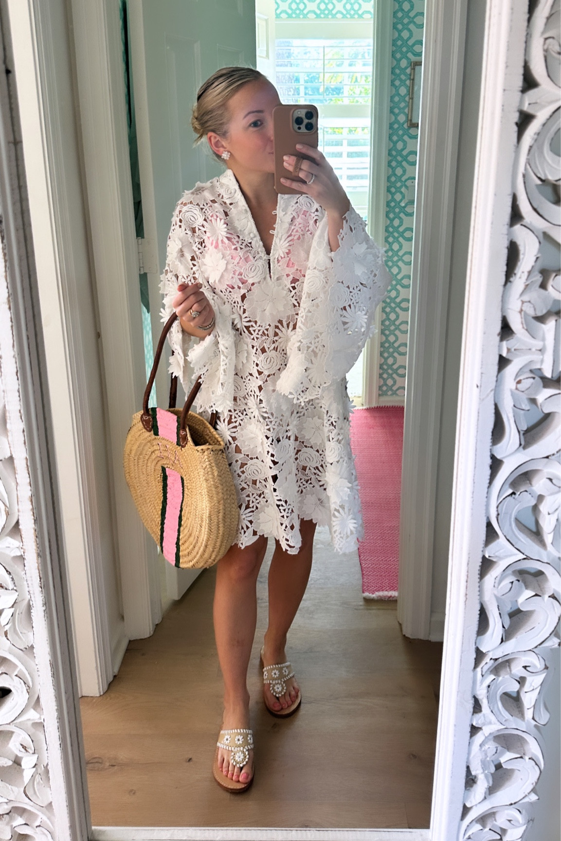 One size fits all floral lace caftan and neutral sandals! True to size sandals. Bag is by Breck and Grier! 🤍 #coverup #caftan #sandals 

#LTKwedding #LTKSeasonal #LTKshoecrush