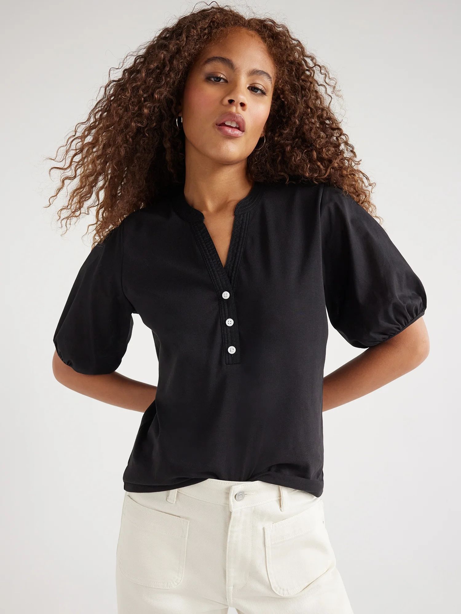 Free Assembly Women’s Henley Tee with Short Puff Sleeves, Sizes XS-XXL | Walmart (US)