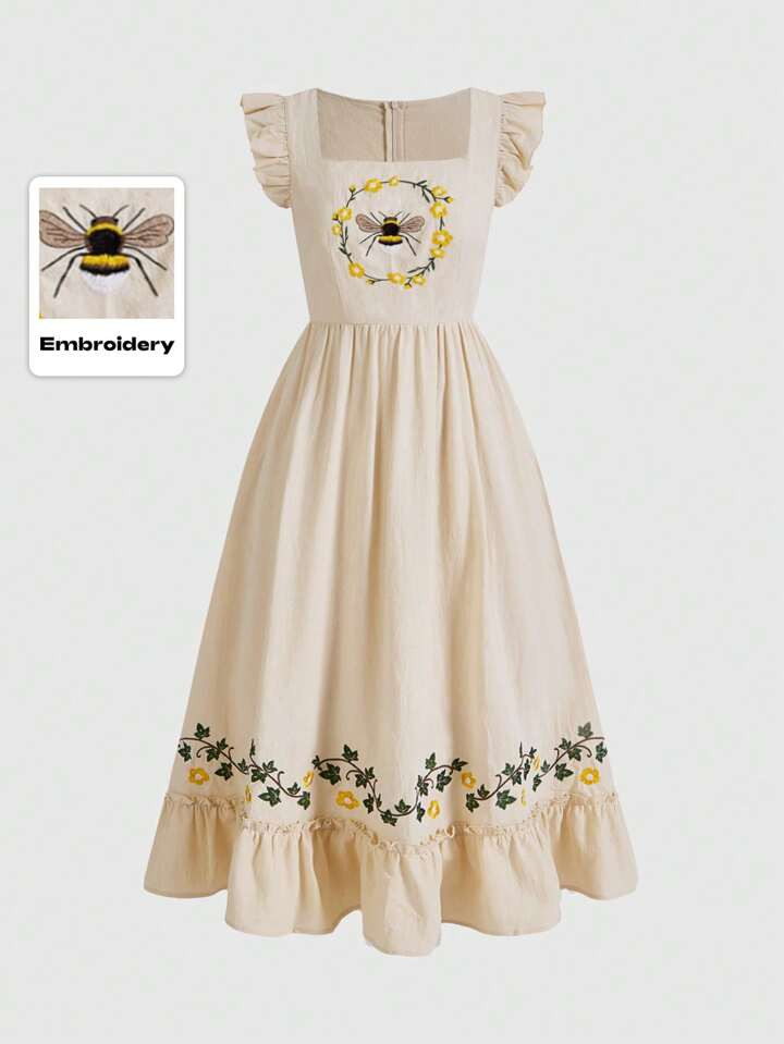 ROMWE Fairycore Vintage Cottagecore Women's Bee Embroidery Flutter Sleeve Dress With Country Styl... | SHEIN