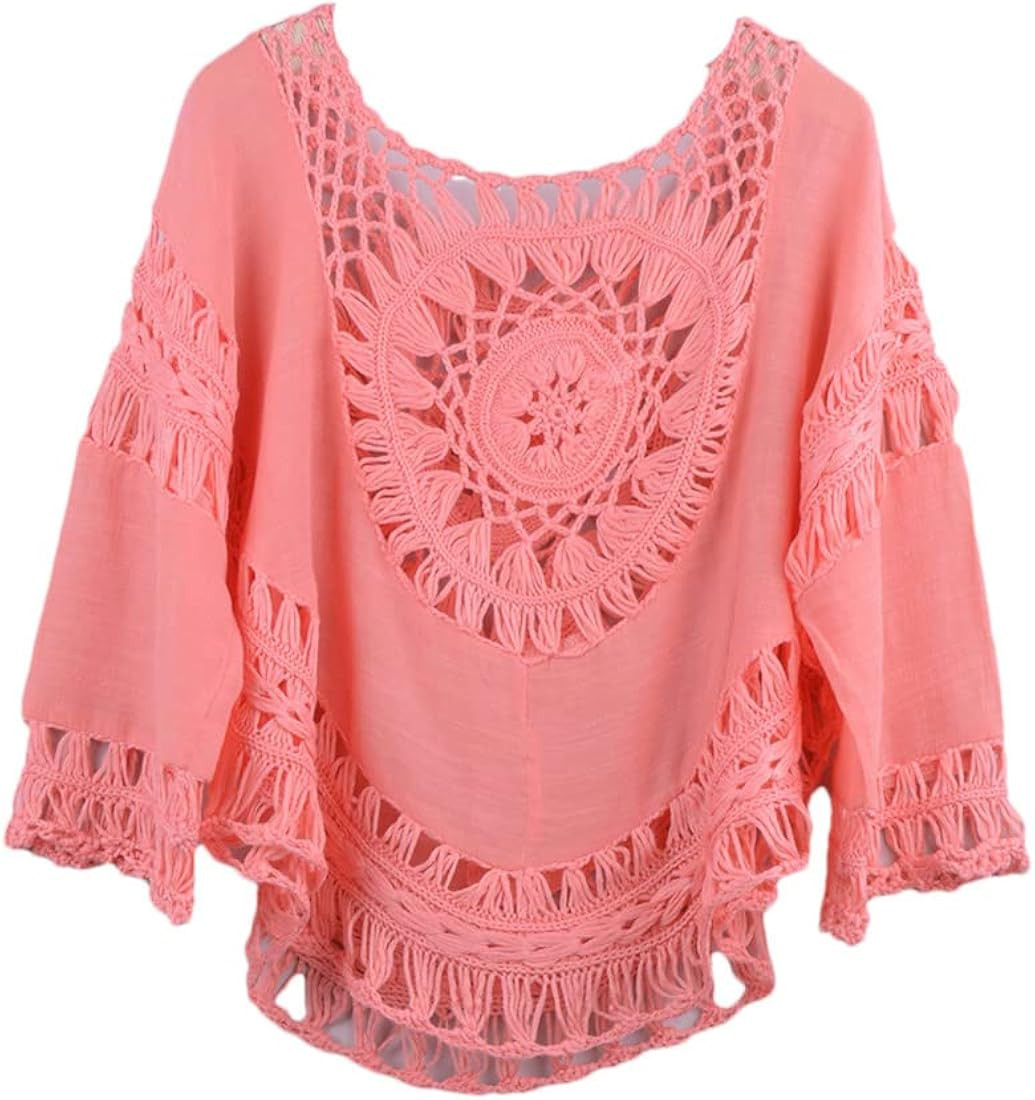 Vsadsau Women Loose Beach Crochet Blouse Solid Bikini Cover UP Hollow Out Beach Dress Robe | Amazon (US)