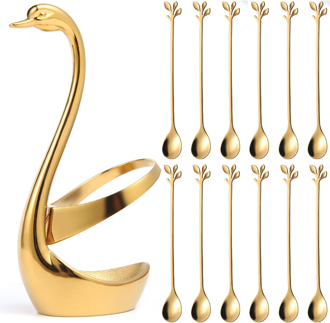 AnSaw 12-Pcs Gold 6.5" Long Teaspoons with Large Swan Base Holder - Stainless Steel Leaf Handle C... | Amazon (US)