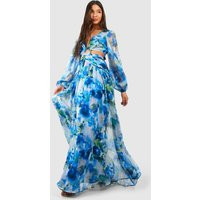 Womens Floral Print Chiffon Cut Out Maxi Dress - Blue - 10 | boohoo (US & Canada)