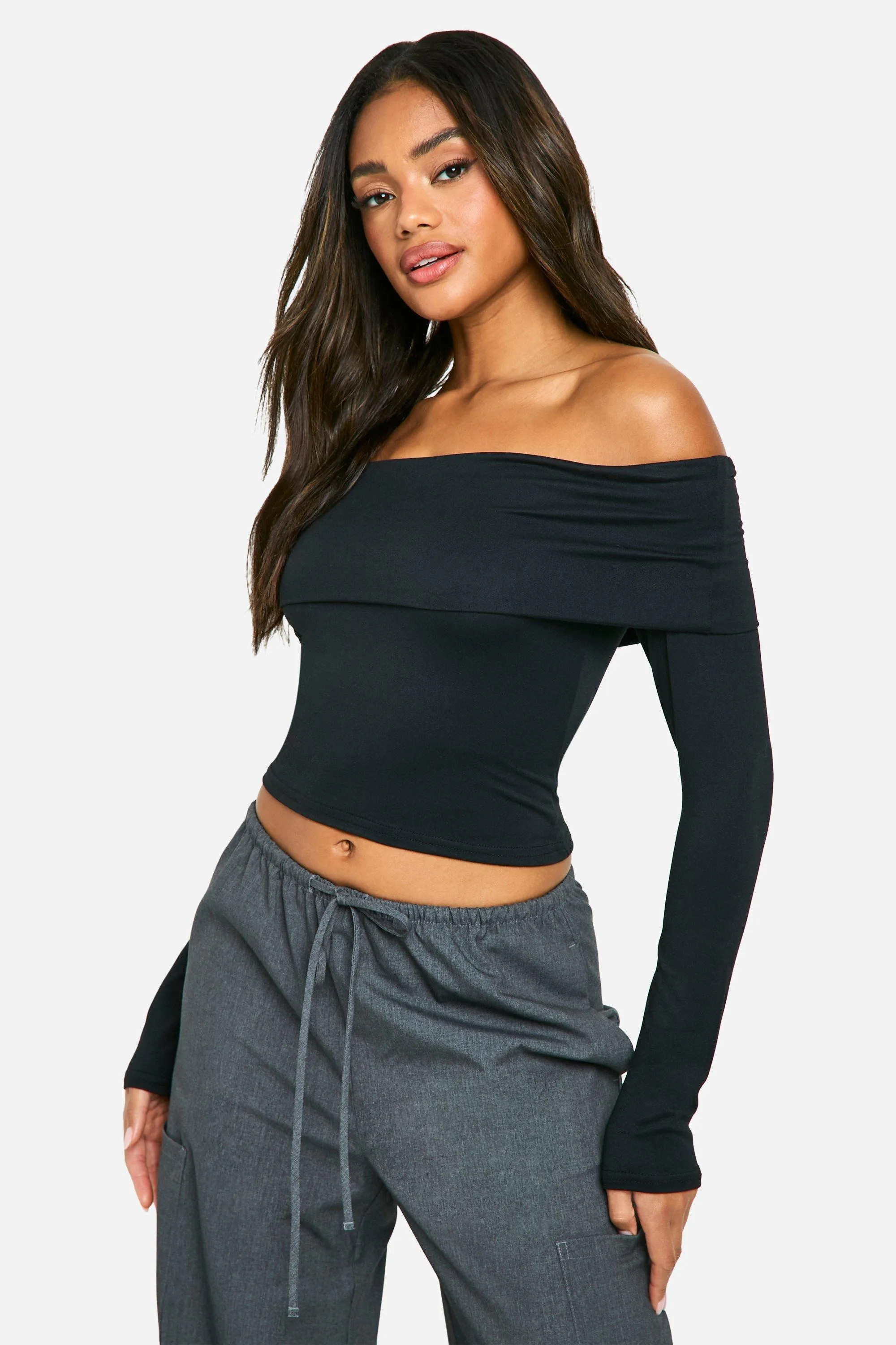 Black Fold Over Long Sleeve Top | Boohoo | Boohoo.com (UK & IE)