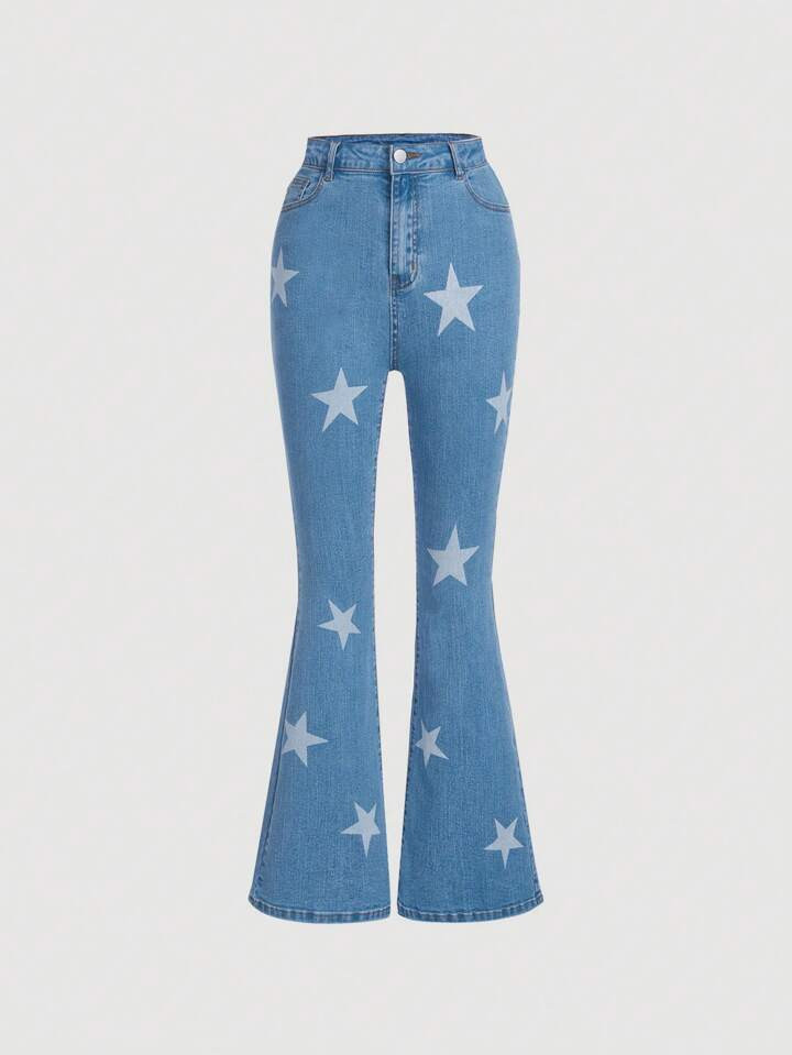 SHEIN Teen Girl's Casual Mid Waist Skinny Jeans With Five-Pointed Star Print And Flared Hem | SHEIN