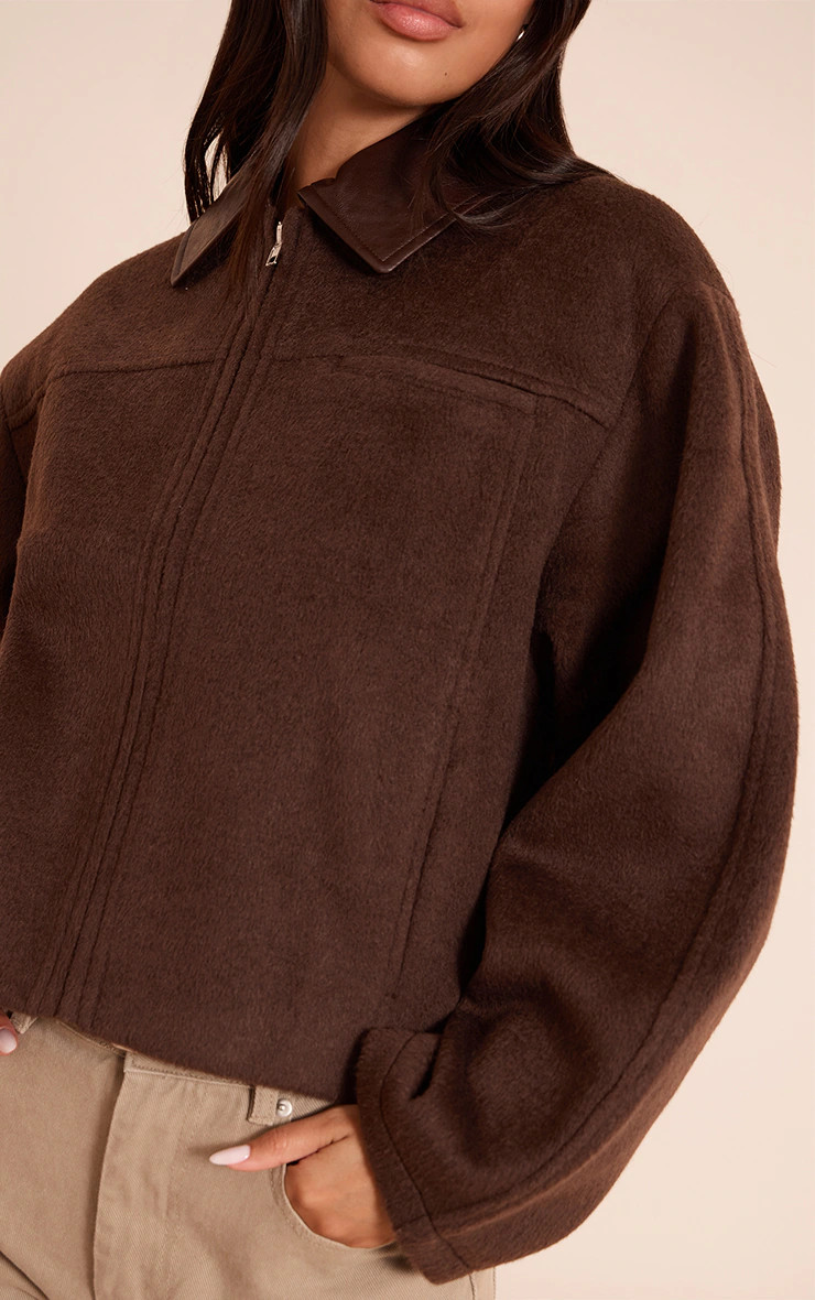 Chocoalate PU Collar Zip Up Jacket | PrettyLittleThing UK