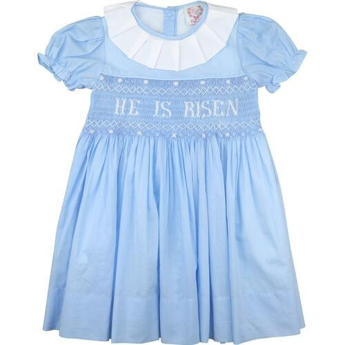 Blue Smocked "He Is Risen" Dress - Shipping Late March | Cecil and Lou