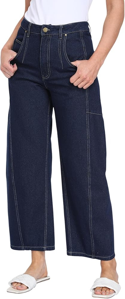 Women's Mid Rise Baggy Barrel Jeans Paneled Denim Wide Leg Casual Pants with Comfort Fit | Amazon (US)