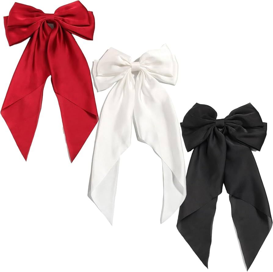 Amazon.com : 3 Pcs Silky Satin Hair Bows,Red White Black Hair Clips for Women Ponytail Holder Acc... | Amazon (US)