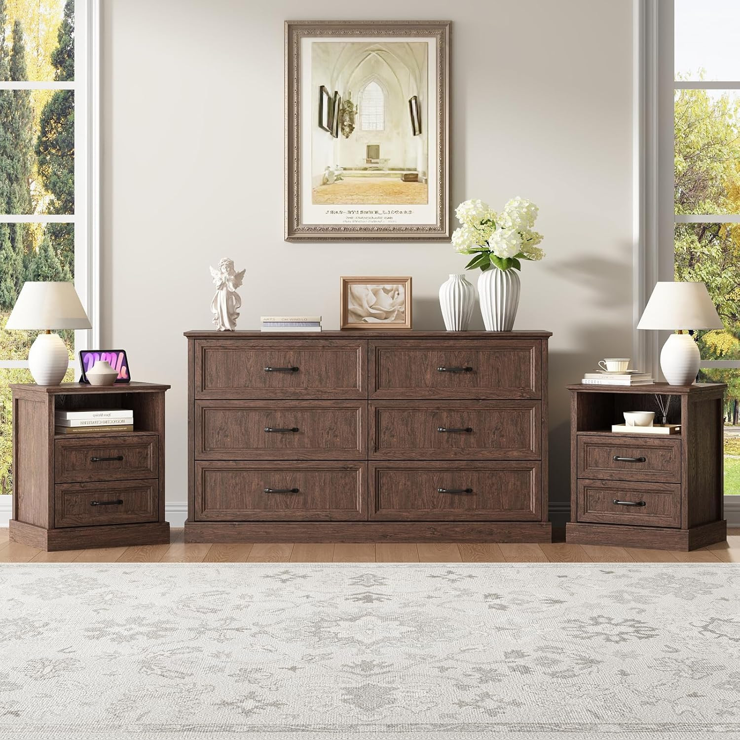 CARPETNAL Farmhouse Dresser and Nightstand Sets for Bedroom, 3 Pcs Bedroom Set, 6 Drawer Dresser ... | Amazon (US)