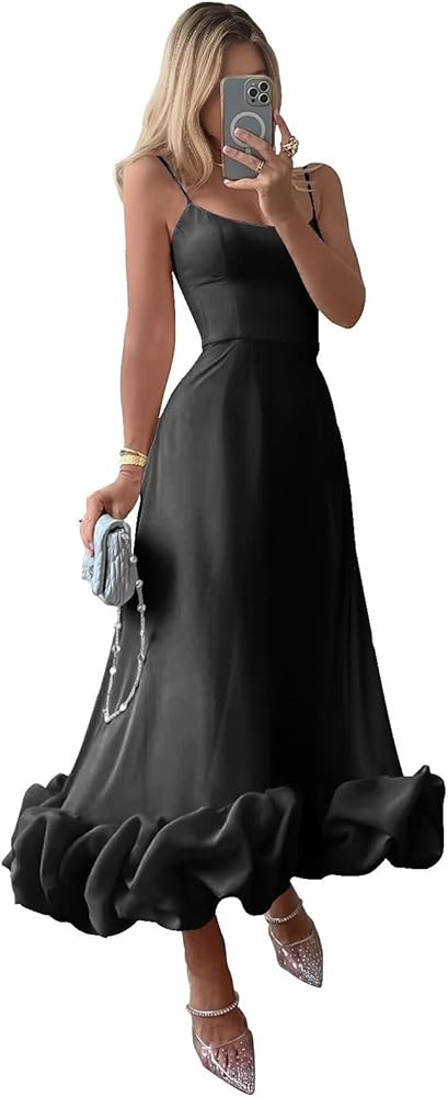 Midi Satin Prom Dresses for Women 2025 Tea Length Flounce Ruffle Formal Evening Party Gowns | Amazon (US)