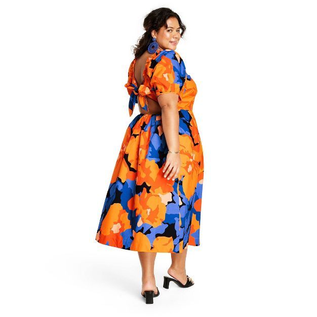 Women's Floral Print Puff Sleeve Tie-Back Midi Dress - Tabitha Brown for Target Orange/Blue | Target