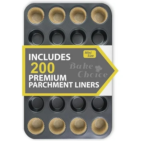 Bake Choice Mini Muffin Pan with 200 Natural Cupcake Liners, Nonstick 24 Count Mini Muffin Tin, Carbon Steel Baking Supplies | Walmart (US)