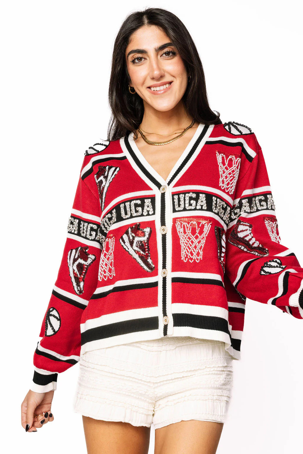 Licensed UGA Striped Basketball Rhinestone Icon Cardigan | Queen of Sparkles