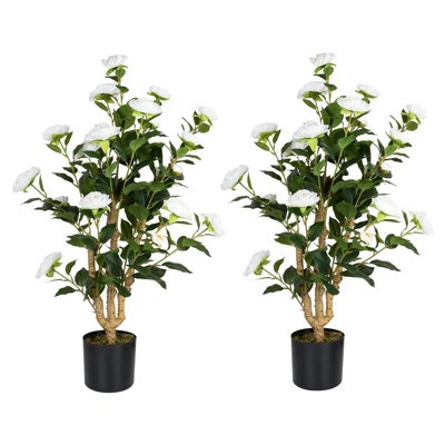 2 Pack Artificial White Camellia Tree,Greenery Faux Floor Plant In Pot With White Flowers For Indoor Outdoor Office Home Porch Decor,Multicolor,19In | Wayfair North America