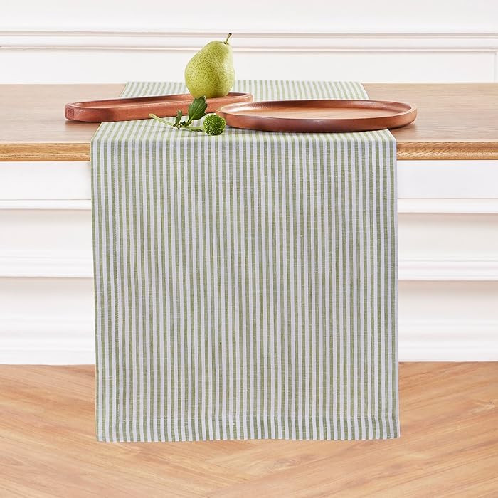 Solino Home Linen Stripe Table Runner 60 Inches - Narrow Stripe, 100% Pure Linen Avocado and White Table Runner 14 x 60 Inch for Dresser and Coffee Tables - Spring, St Patricks Day, Easter, Winter | Amazon (US)