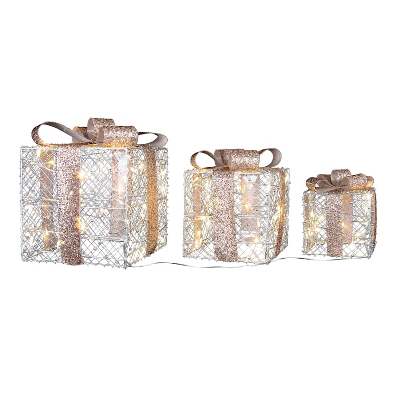 Set of 3 Outdoor Pre-Lit LED Clear Lights Champagne Gift Boxes, 15" | At Home