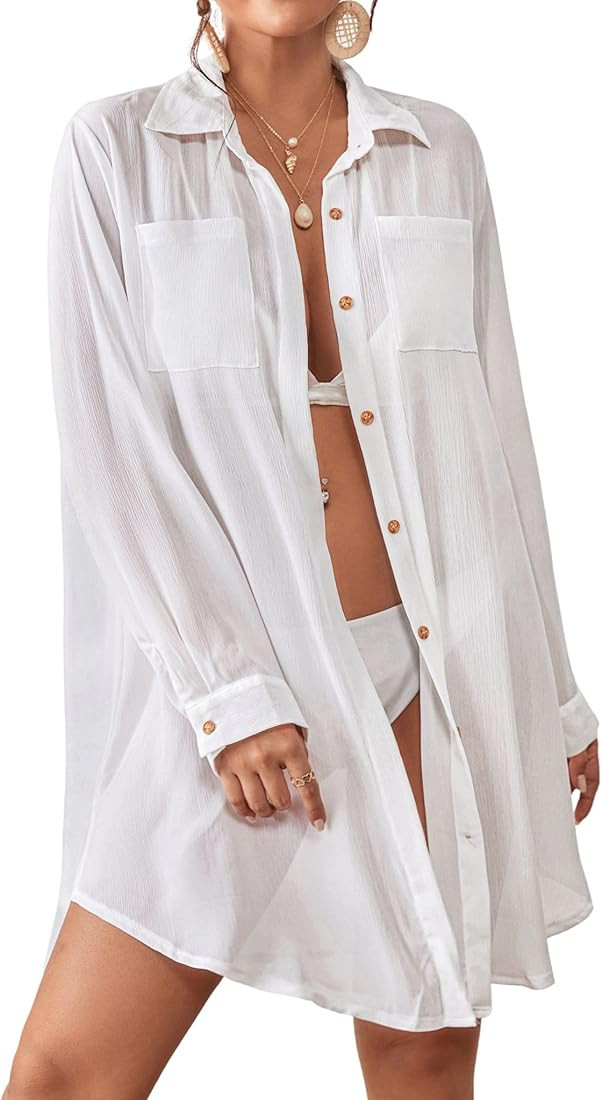 Bsubseach Swimsuit Coverup for Women Oversized Button Down Shirts Long Sleeve Coverups Beach Wear | Amazon (US)