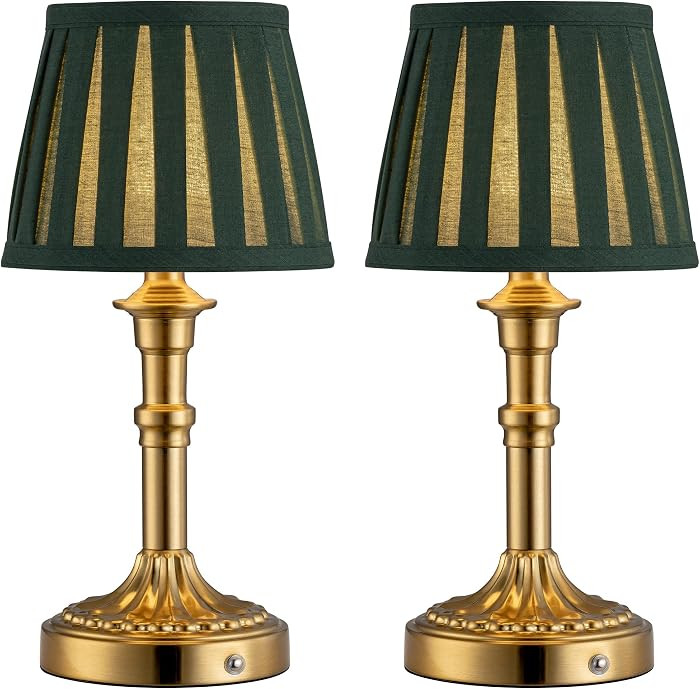 KDG Gold Cordless Table Lamps Set of 2, Green Fabric Shade Small Desk Lamp | Amazon (US)