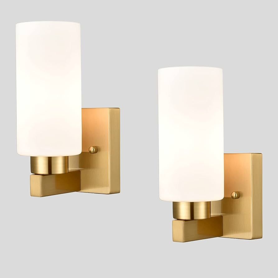 DEYNITE Modern Wall Light Fixtures Brass Bathroom Vanity Light with Milky White Cylinder Glass Sh... | Amazon (US)