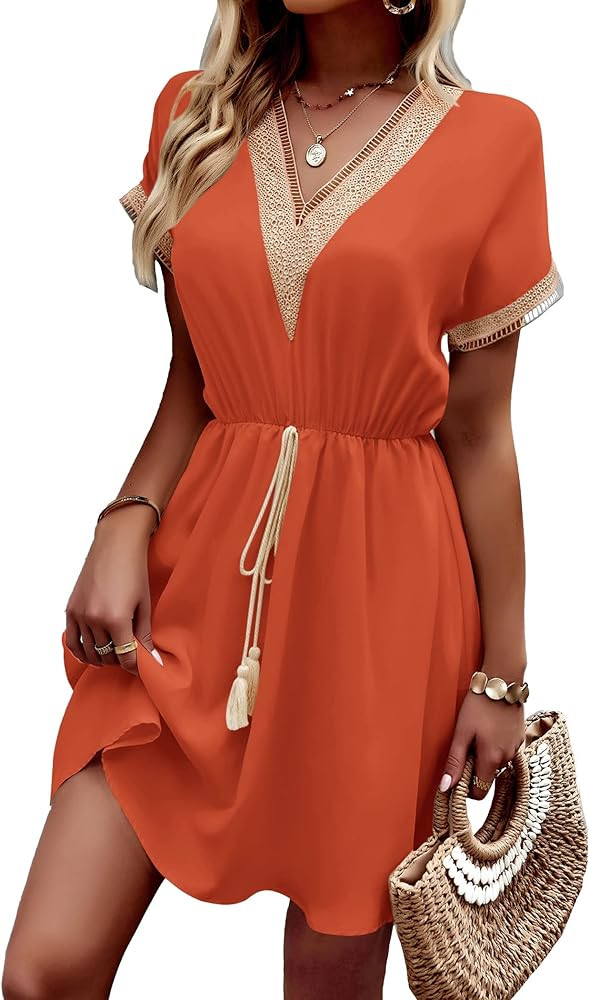 PRETTYGARDEN Women's Casual Summer Dresses Trimmed Short Sleeve V Neck Tie Front Flowy Dress | Amazon (US)