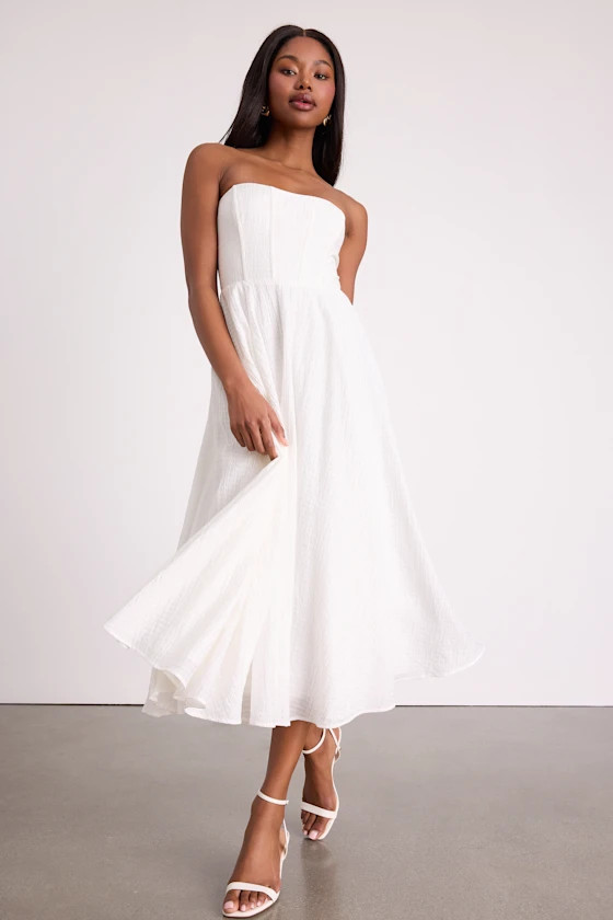 Pomelo White Textured Bustier Skater Midi Dress | Lulus