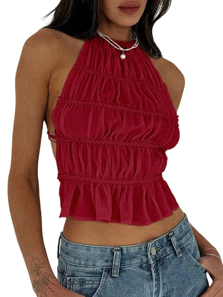 Floerns Women's Sleeveless Shirts Halter Backless Pleated Ruffle Hem Cute Cami Top | Amazon (US)