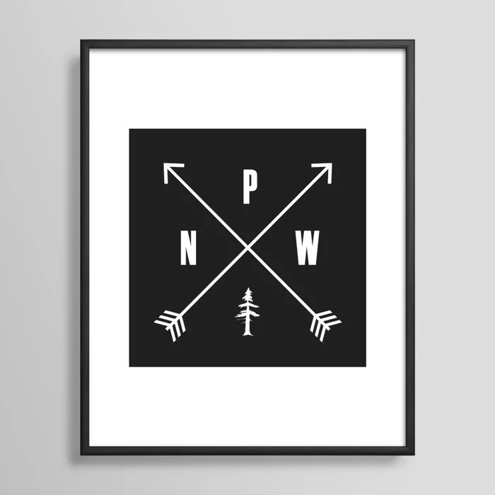 PNW Pacific Northwest Compass - White on Black Minimal Framed Art Print | Society6
