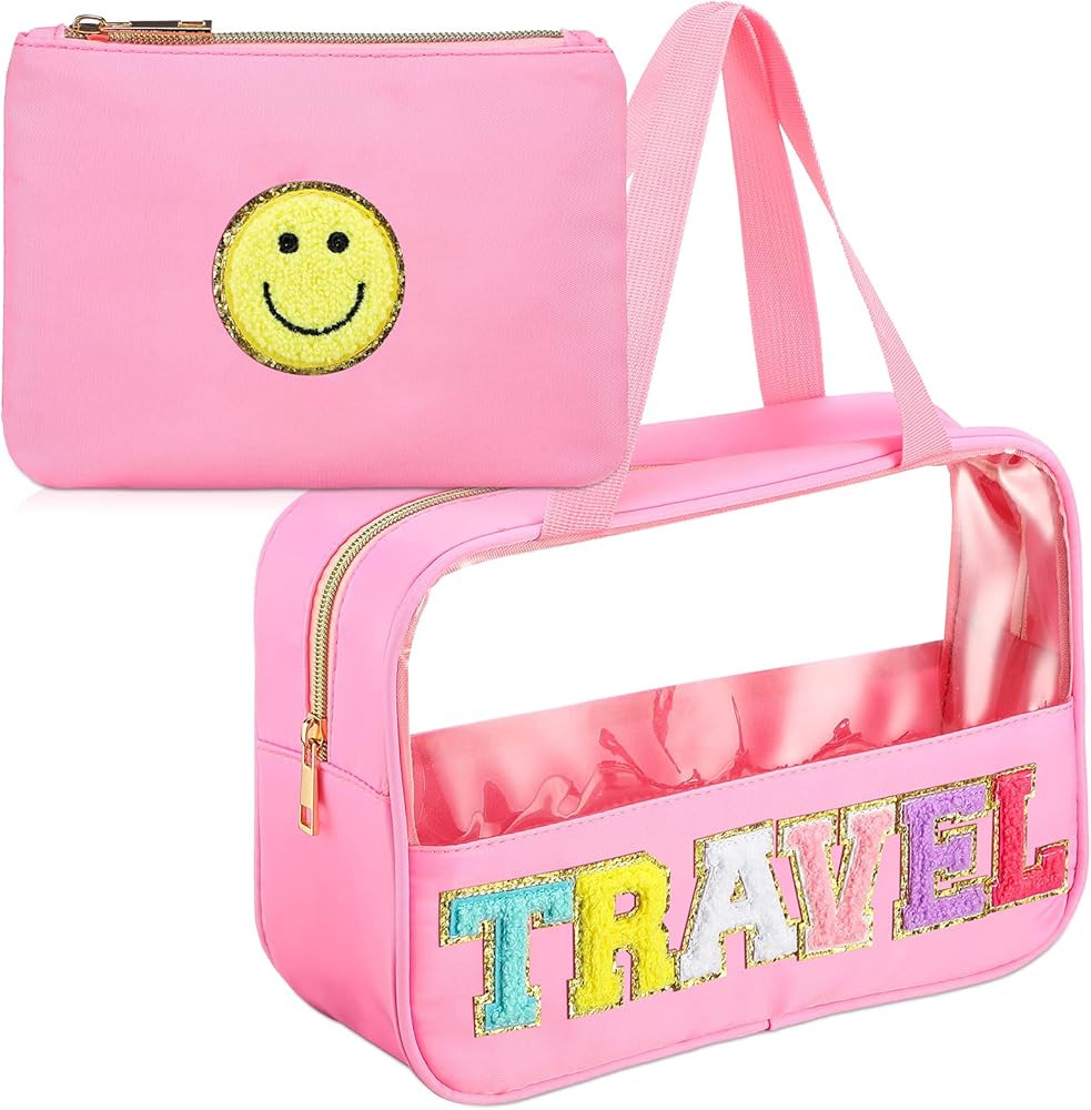 2 Pieces Preppy Makeup Bag Chenille Letter Patches Clear Travel Cosmetic Bag Waterproof Nylon Cosmet | Amazon (US)