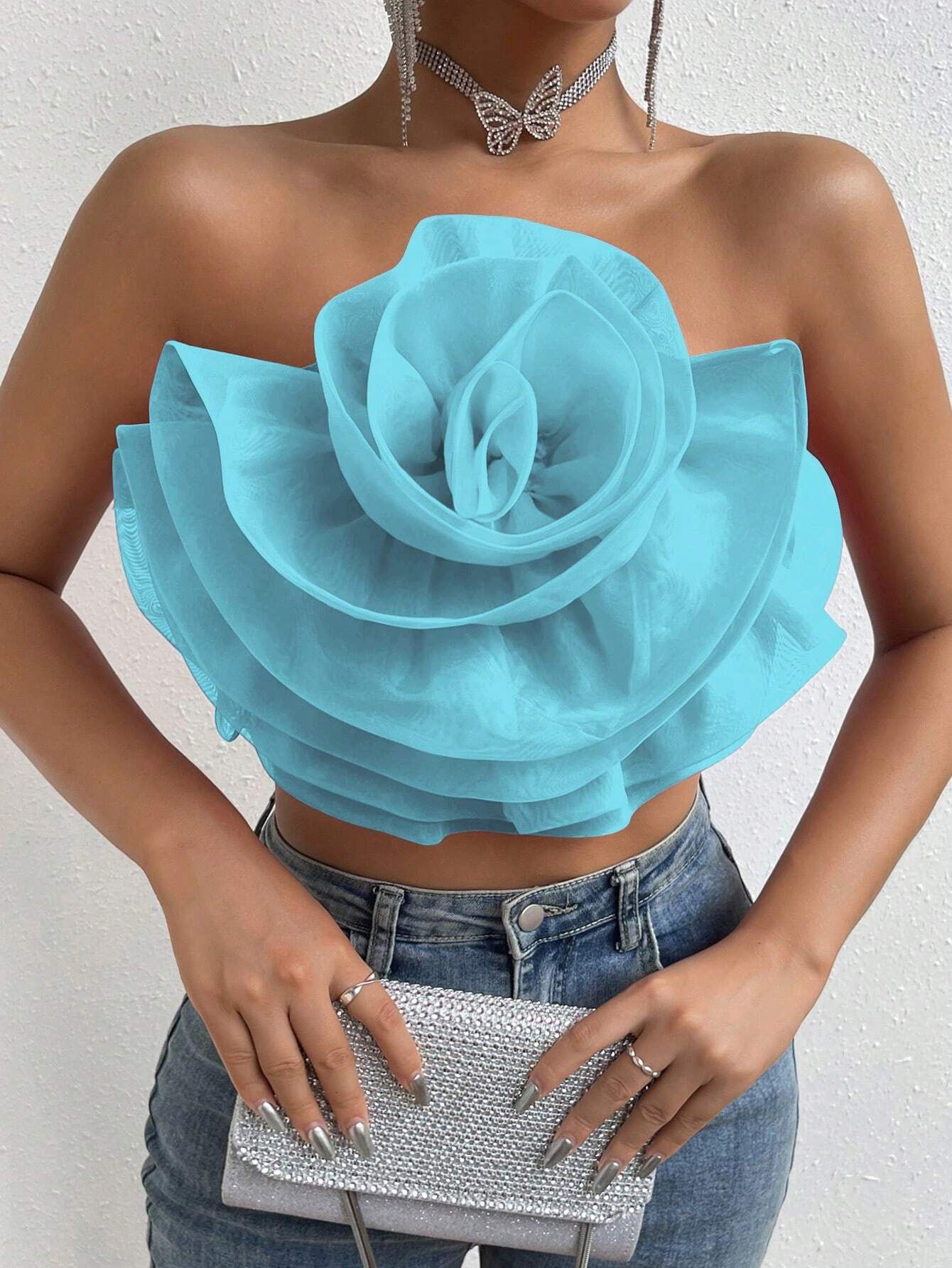 SHEIN Privé Women's 3d Flower Mesh Strapless Top | SHEIN