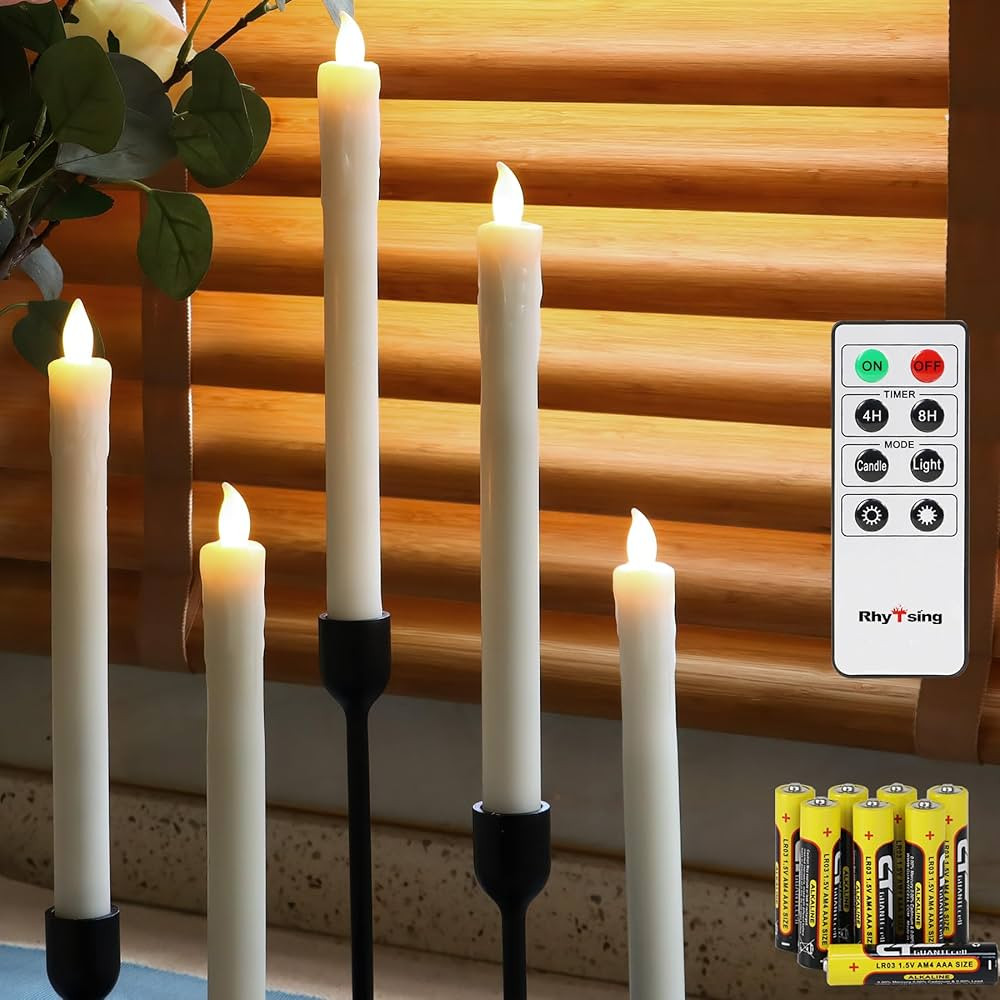 Rhytsing Ivory 10" Flameless Taper Candles with Timer, Battery Operated Dinner Candles, Push-Acti... | Amazon (US)
