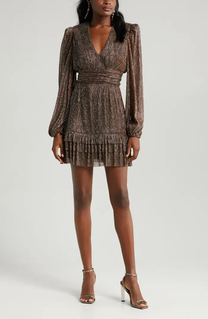 Metallic Plissé Long Sleeve Mini Cocktail Dress | Nordstrom