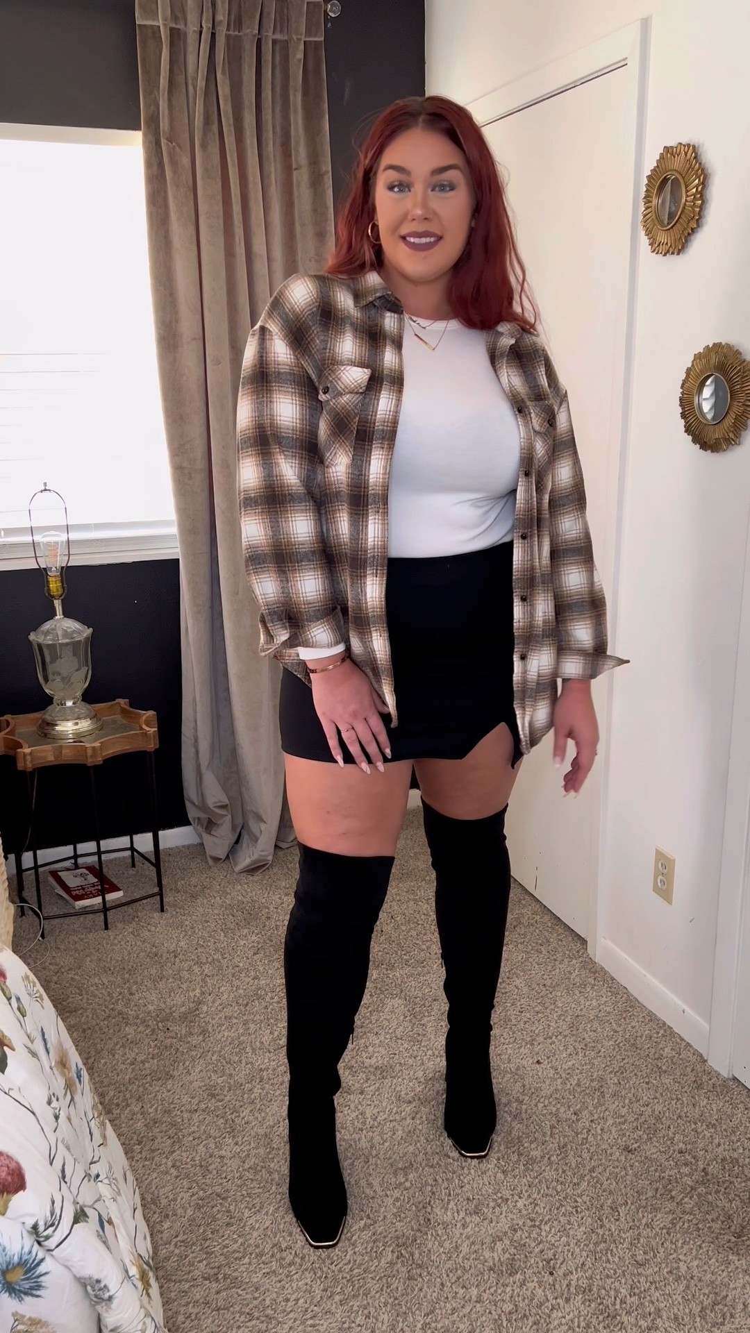 Super cute fall outfit - mini skirt and thigh high boots! Loving the gold detail on the boots and the colors in this flannel. Will link everything once I’m approved to link Amazon items! 🤗

#LTKcurves #LTKshoecrush #LTKSeasonal